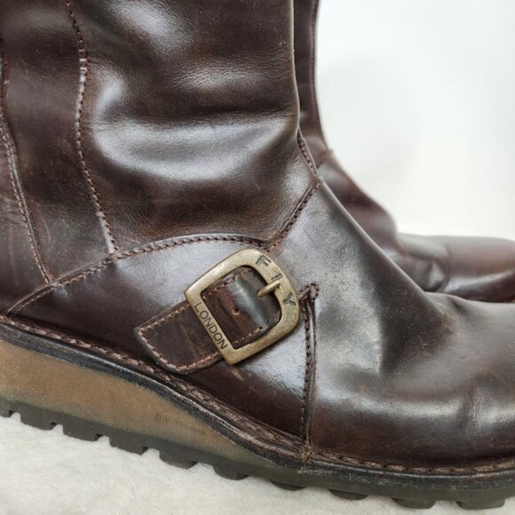 Fly London Dark Brown MES 2 Buckle Boots Side Zipper Size 38 EU/7-7.5 US - Picture 9 of 15